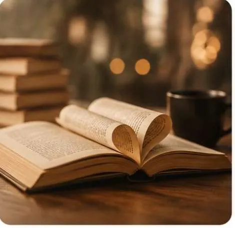 Open book and coffee in warm light