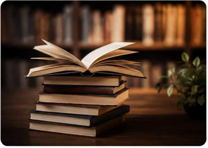 Open book on a stack of books in warm light