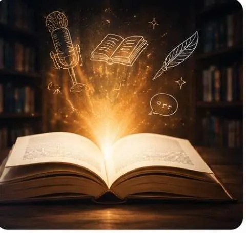 Open book with floating story icons in warm light