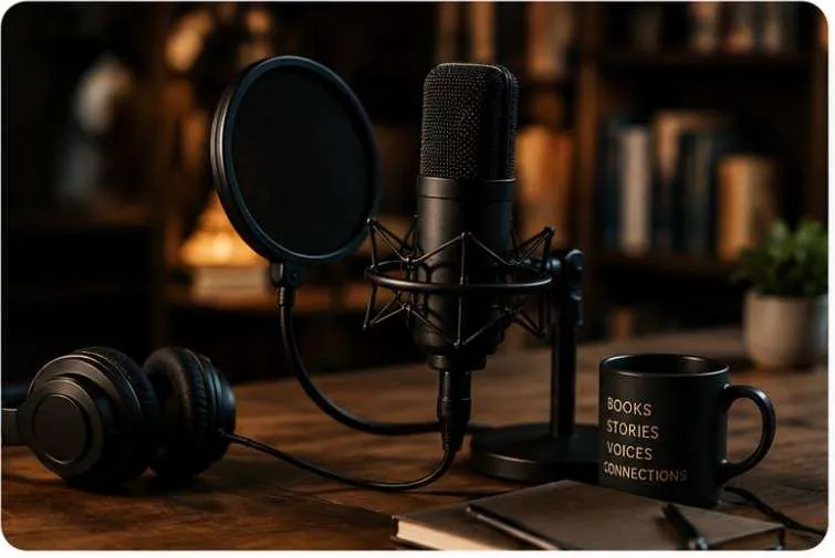 Studio microphone and Booksphere mug in warm light