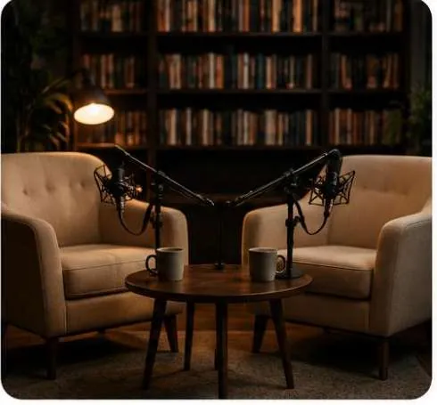Two microphones and armchairs in a podcast studio
