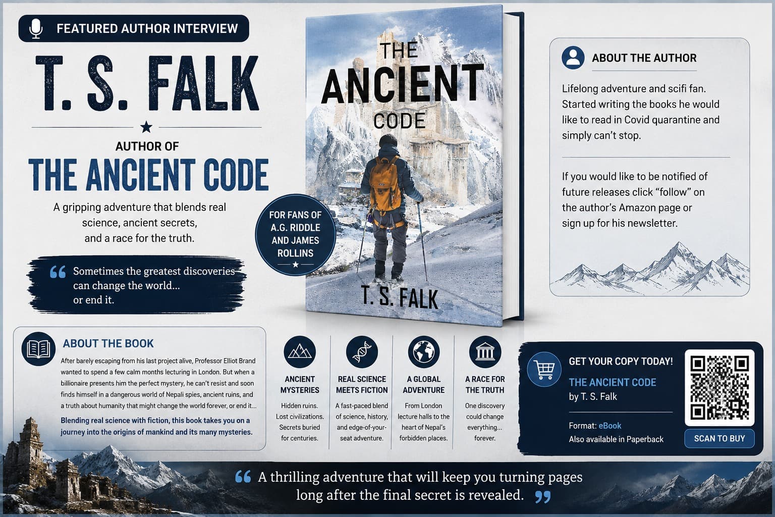 Featured author interview banner for T. S. Falk and his novel The Ancient Code